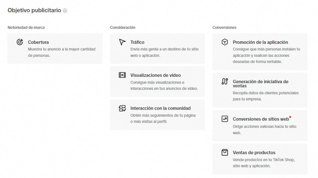 Objetivos publicitarios en TikTok Ads